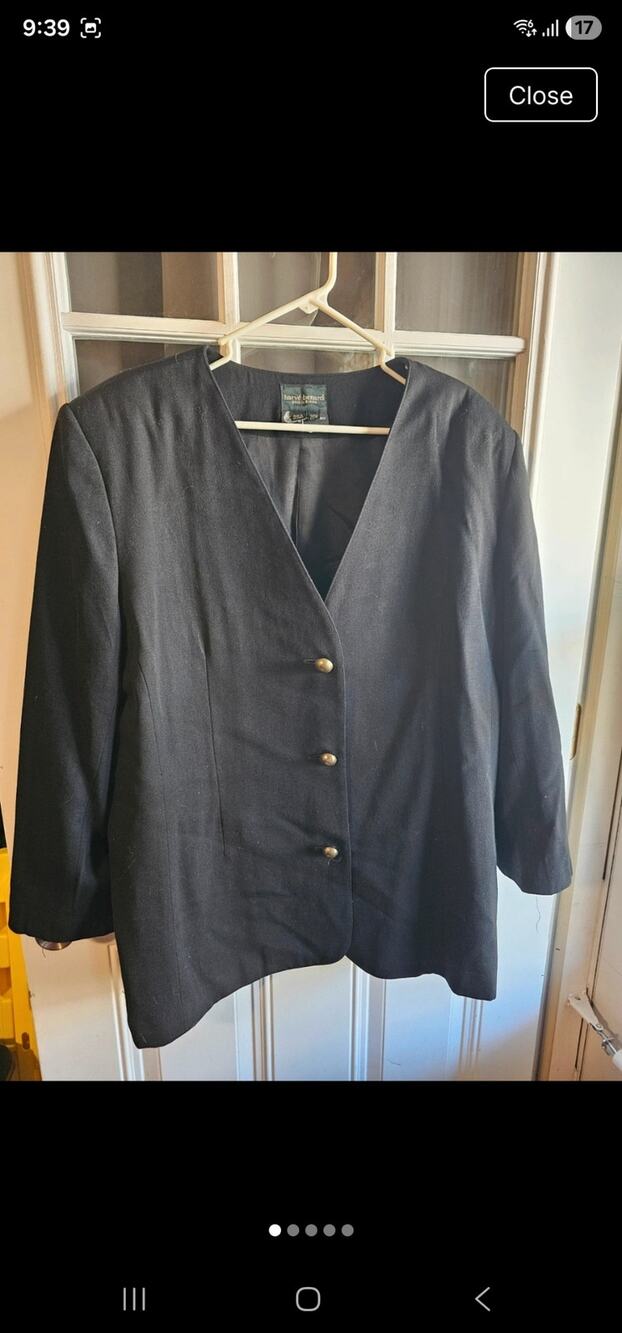 Vintage 80s 90s Harve Benard 100% Pure Wool Collarless Blazer Jacket Black 20W